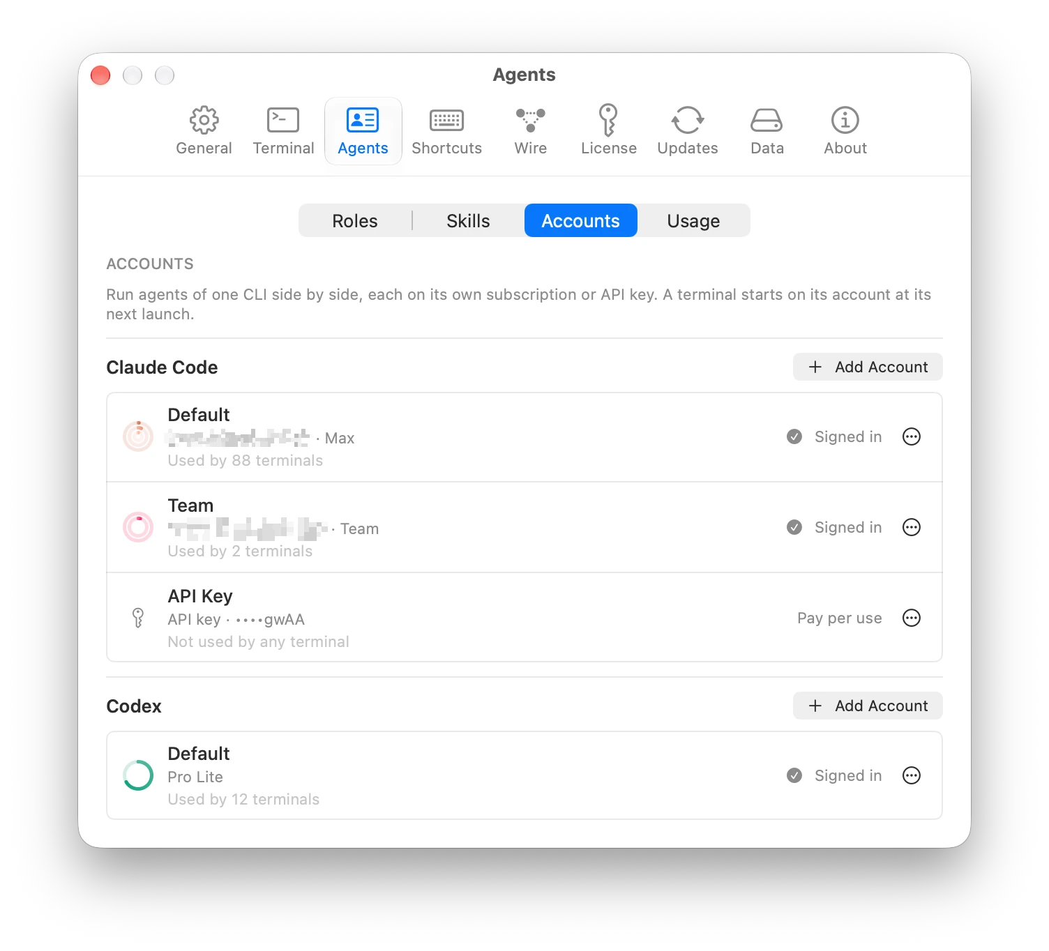Settings → Agents → Accounts listing Claude Code accounts named Default, Team and API Key, each signed in or pay per use, and a Default Codex account