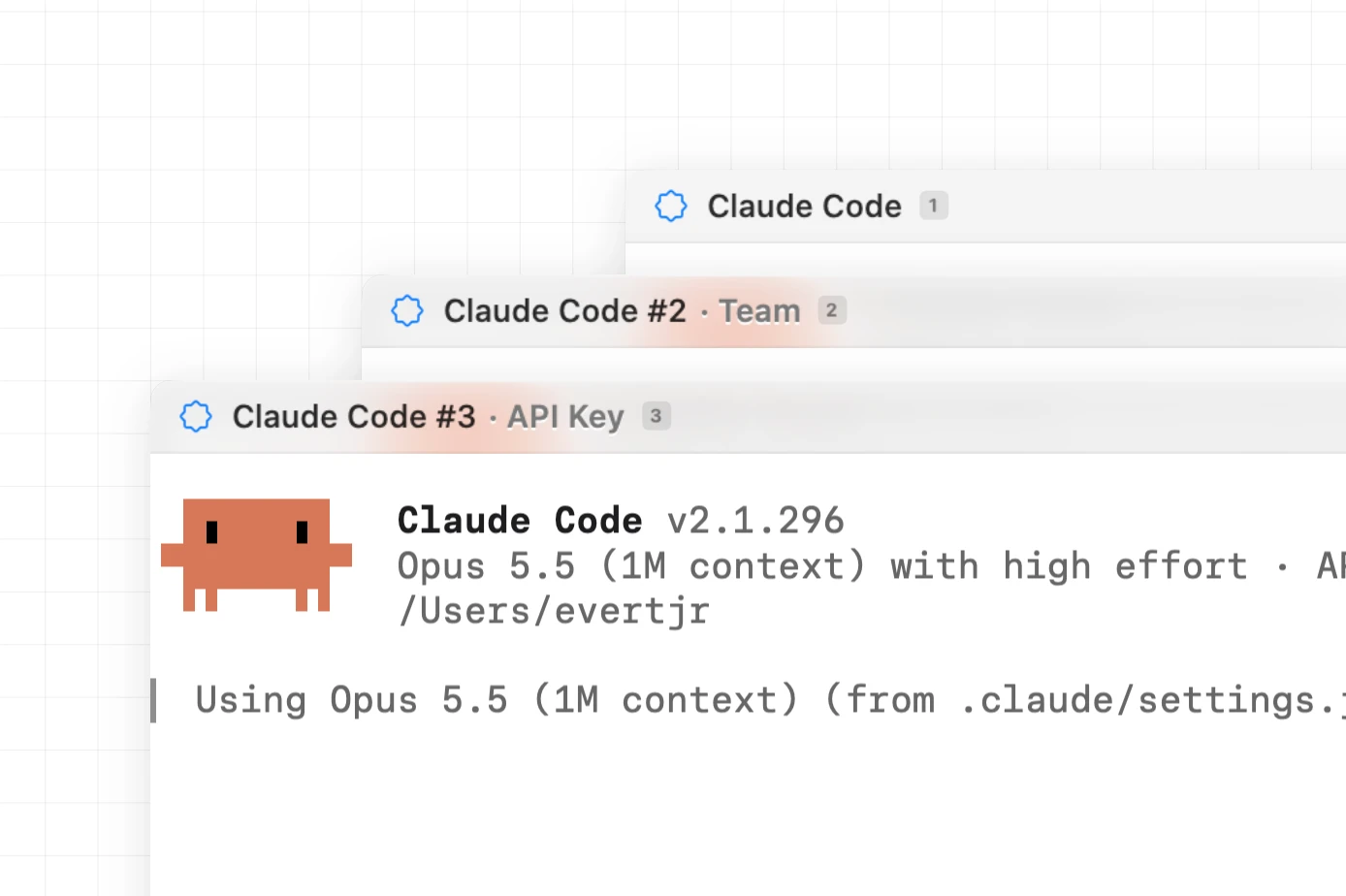 Three Claude Code terminals on the canvas, the second labeled Team and the third labeled API Key after their names