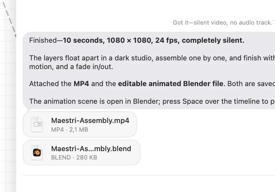 An agent reply describing a rendered video, with two attachment cards below it: an MP4 and a Blender file