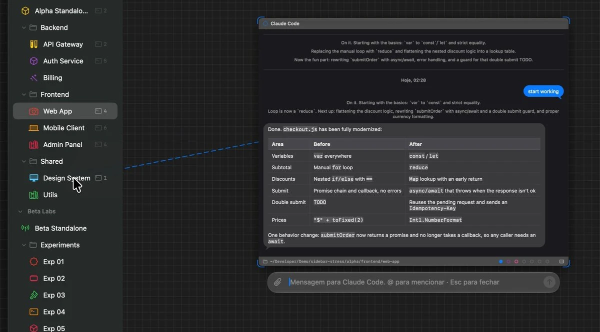 The workspace sidebar beside a chat node, with a dashed rope running from a terminal in another workspace into this one
