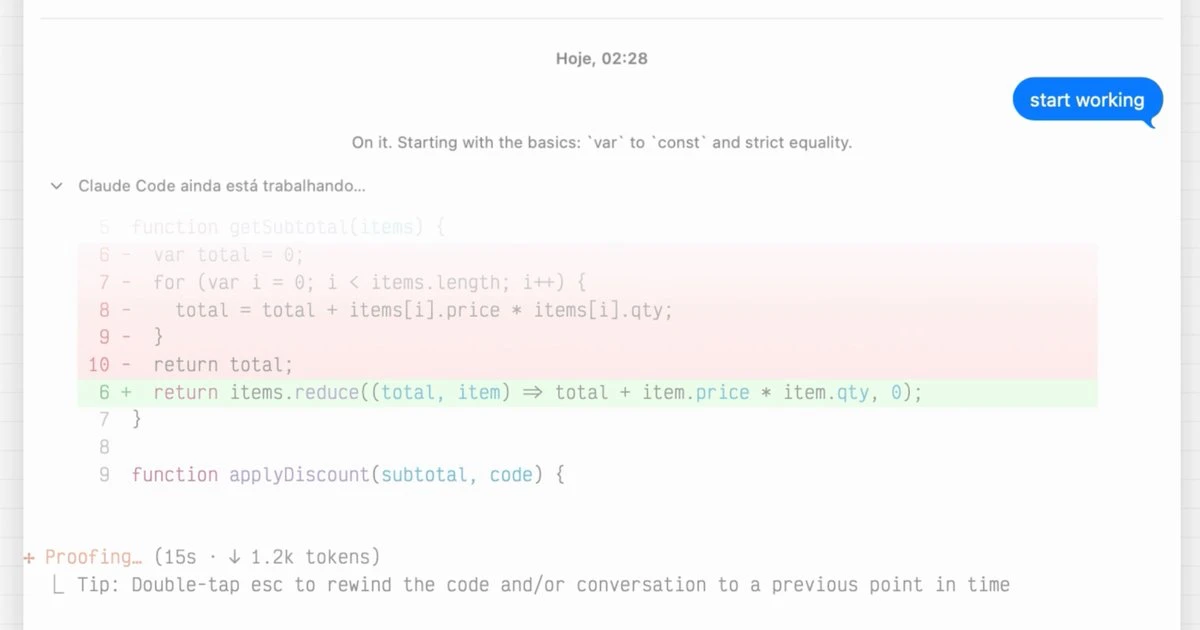 A chat reply with the working row expanded below it, showing the agent's live terminal output and a diff as it lands