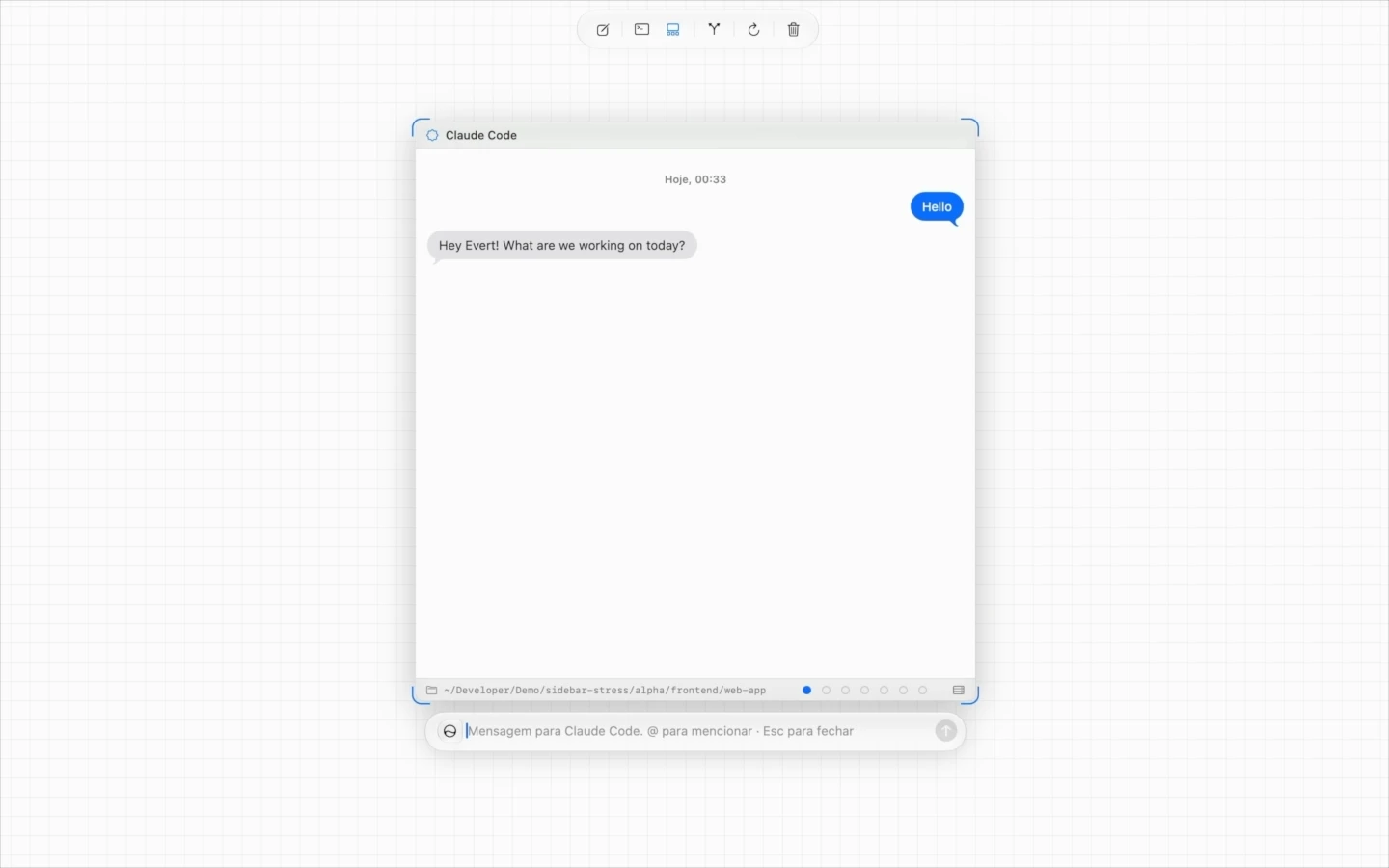 A terminal node on the canvas wearing its chat face, with a message from the user and the agent's reply, and the composer below it