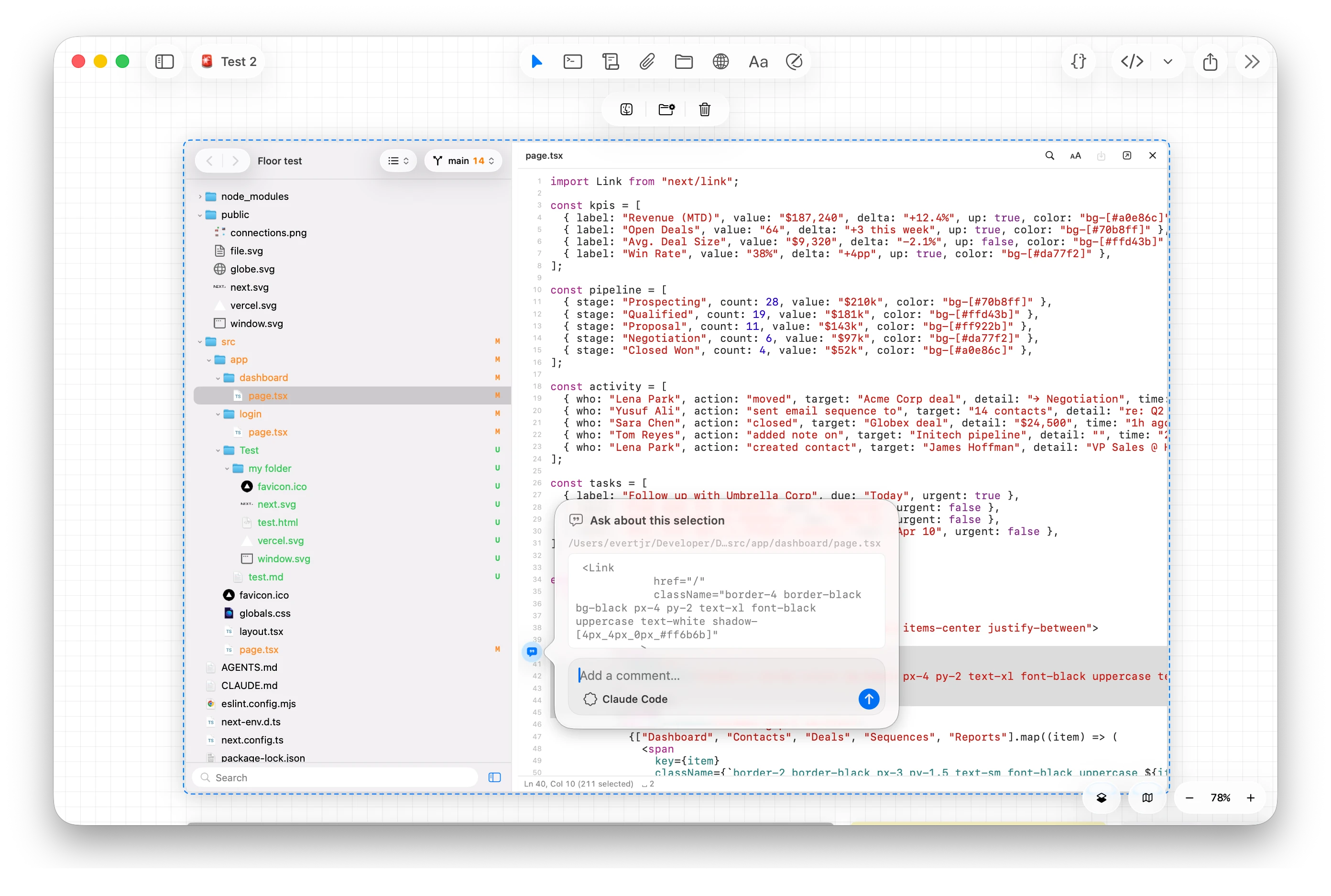 A text file open in Maestri's built-in editor inside the file tree node
