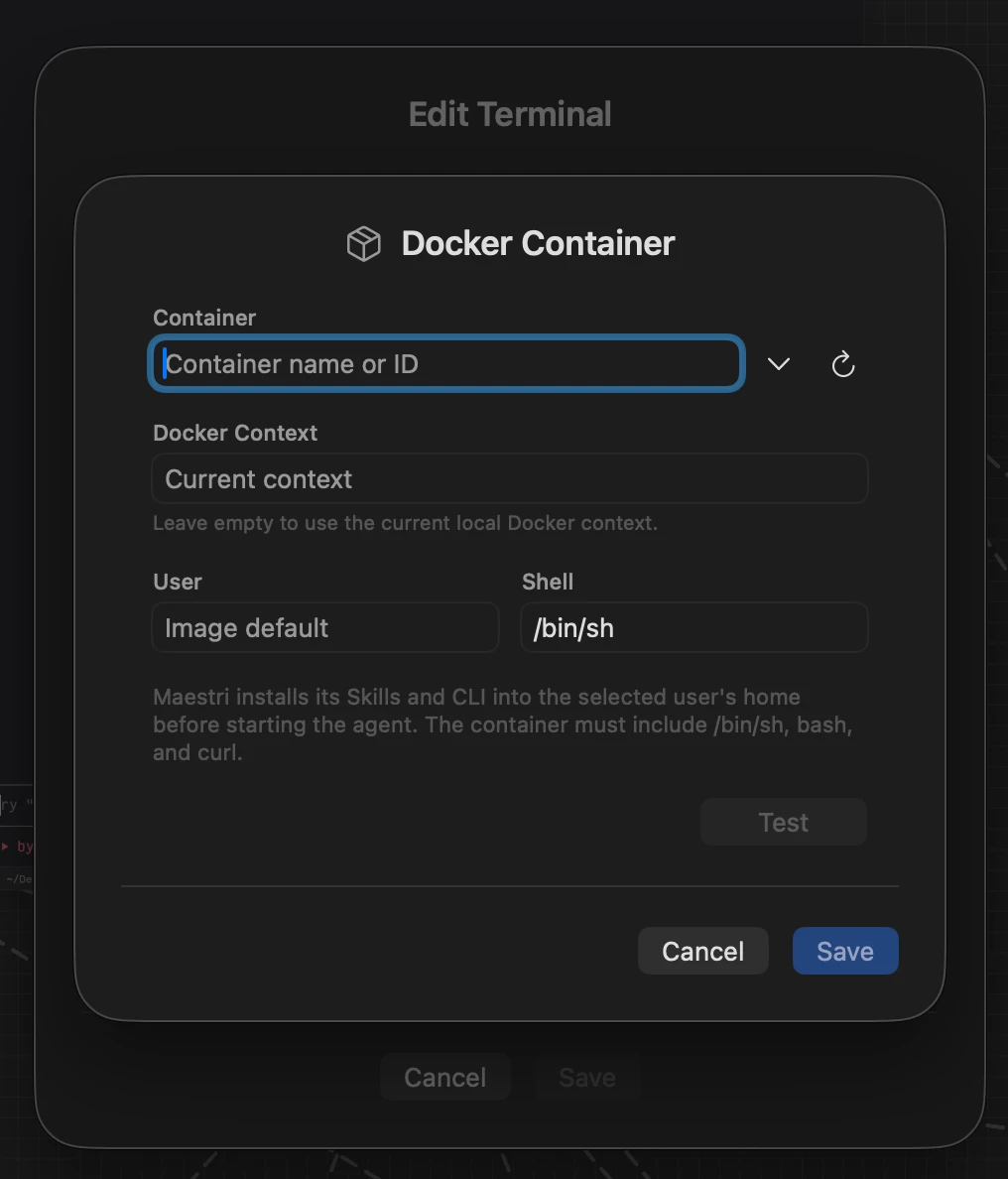 A terminal configured to run inside a Docker container, showing the container selection and connection fields