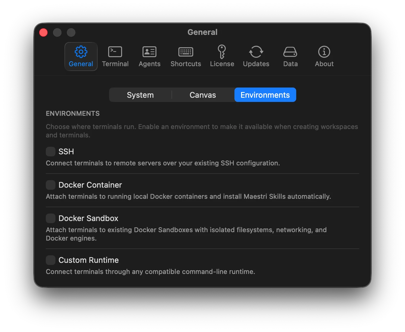 The Settings > General > Environments page with switches for SSH, Docker containers, Docker Sandboxes, and custom runtimes, plus the shared Bridge Port