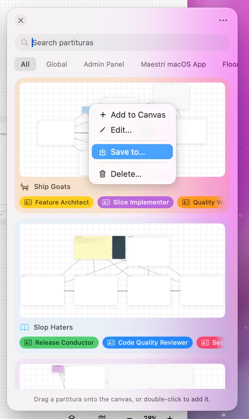 The Partituras palette with a search field, scope filter pills, and cards showing layout previews and role chips, with a card's context menu open