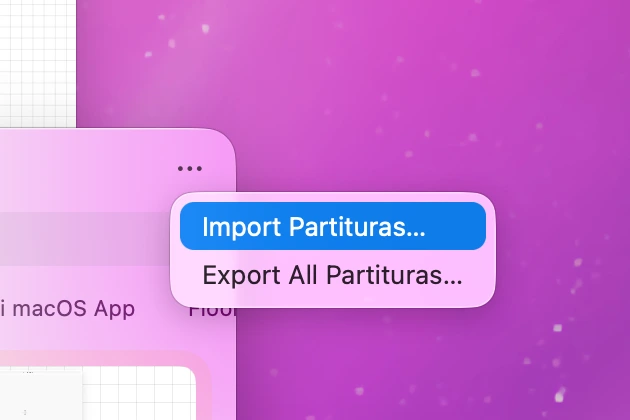 The palette's ⋯ menu open, showing Import Partituras and Export All Partituras